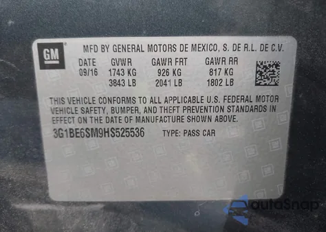 2017 Chevrolet Cruze Lt Auto from USA, damaged, VIN 3G1BE6SM9HS525536